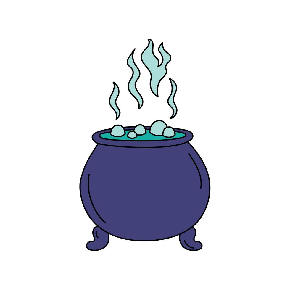 Witch cauldron doodle isolated. Vector hand drawn illustration of Halloween object. Colorful outline cauldron with boiling potion. Pot for witchcraft and magic