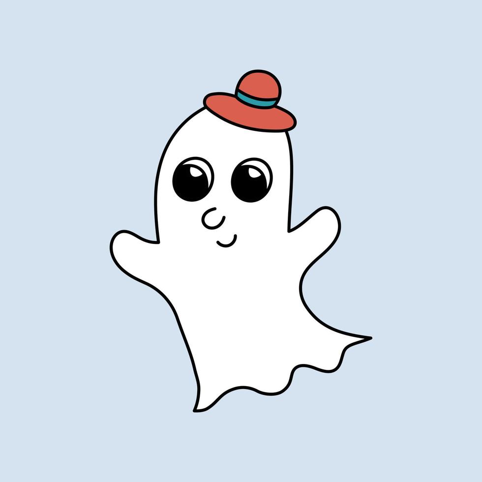 Cute happy ghost in hat isolated. Halloween doodle character. Cartoon outline ghost smiling. Colored vector illustration