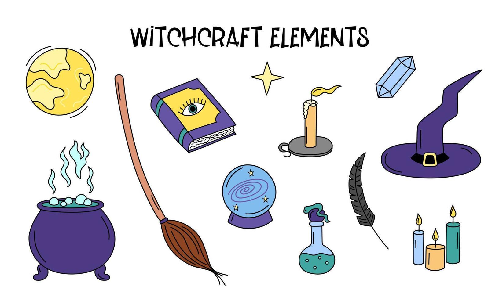 Witchcraft elements vector set. Witch doodle attributes magic ball, spell book, cauldron, broom, hat. Halloween and wizard symbols isolated. Outline hand drawn colorful design objects illustration