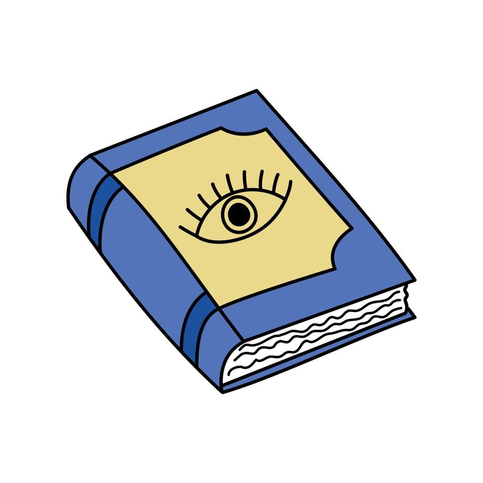 Magic spell book doodle isolated. Vector hand drawn illustration of witch attribute. Colorful outline magical book with mystical eye. Witchcraft symbol