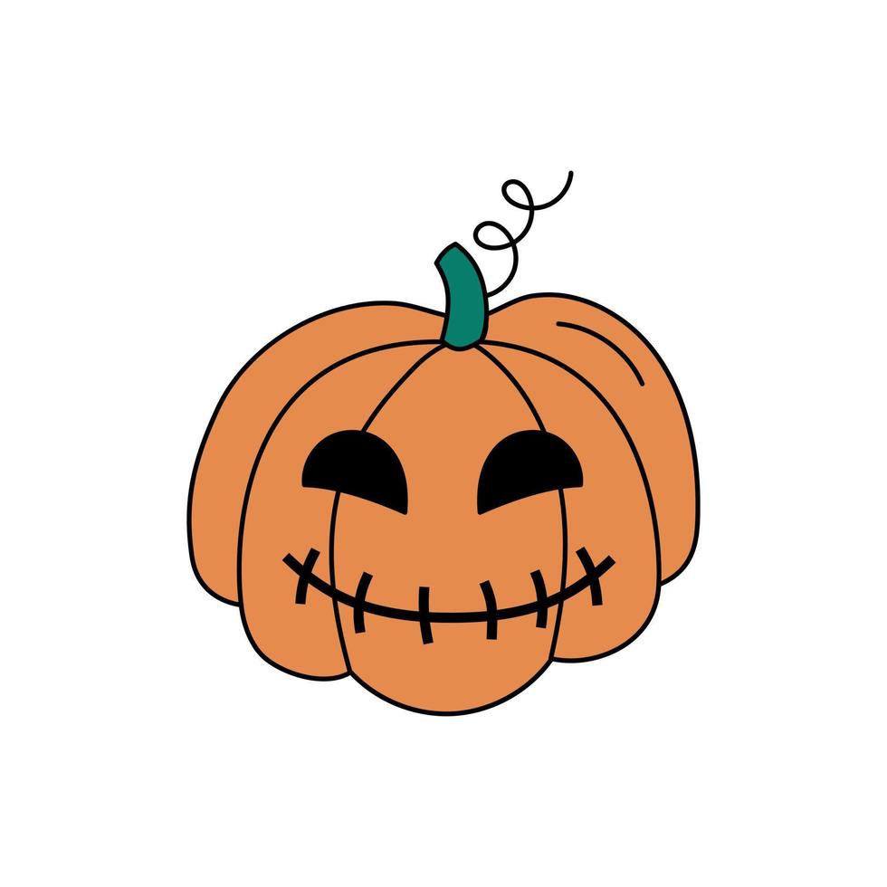 Halloween pumpkin lantern vector doodle. Isolated carved jack-o-lantern smiling. Halloween scary symbol. Colored hand drawn vector illustration