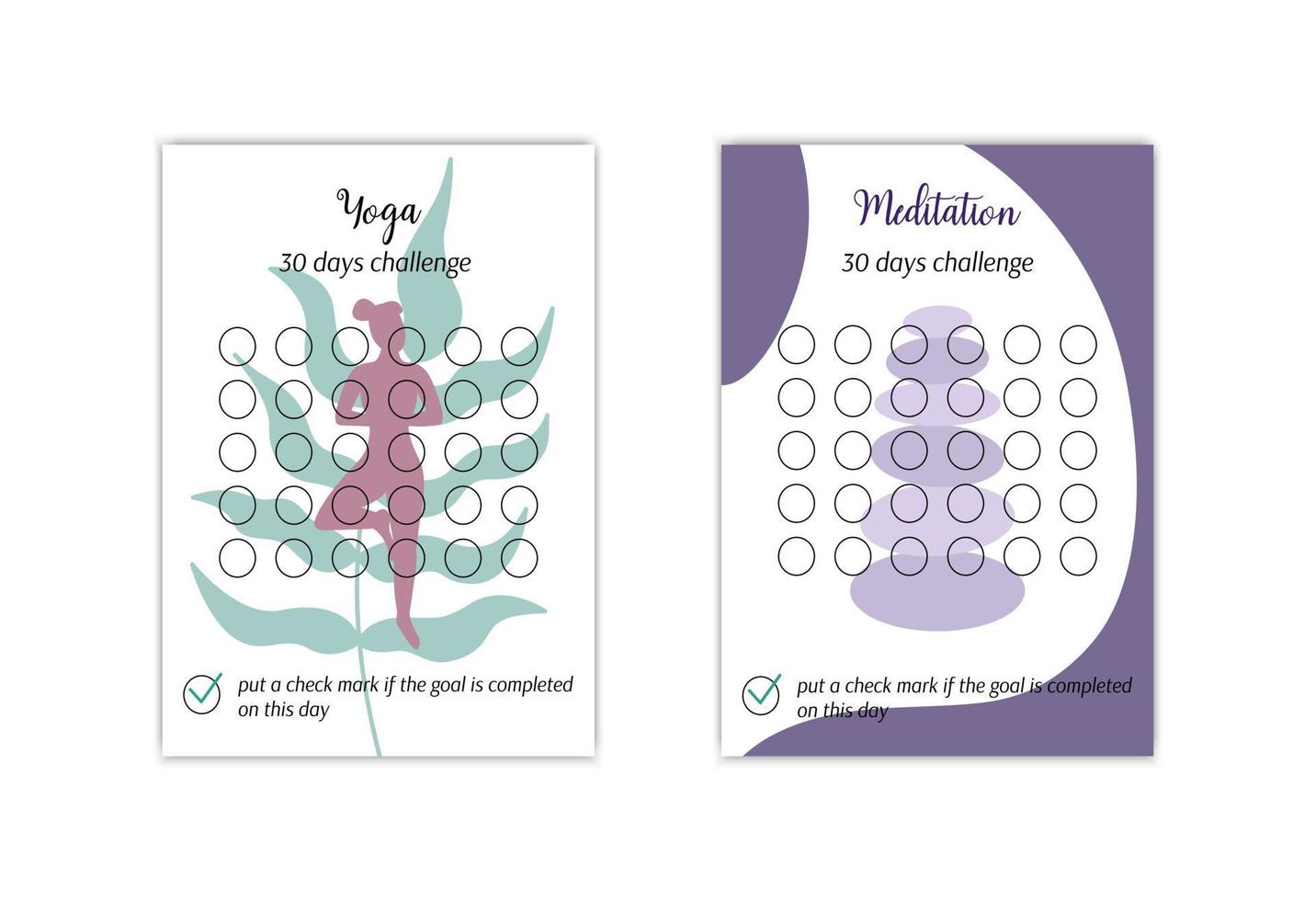 Yoga and meditation habits tracker templates set. Personal 30 days challenge. Healthy lifestyle habit tracker blanks. Vector illustration of paper worksheet for marking success in month