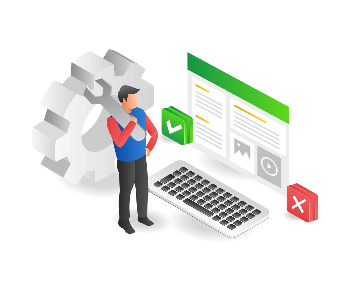 Man maintaining computer web application vector