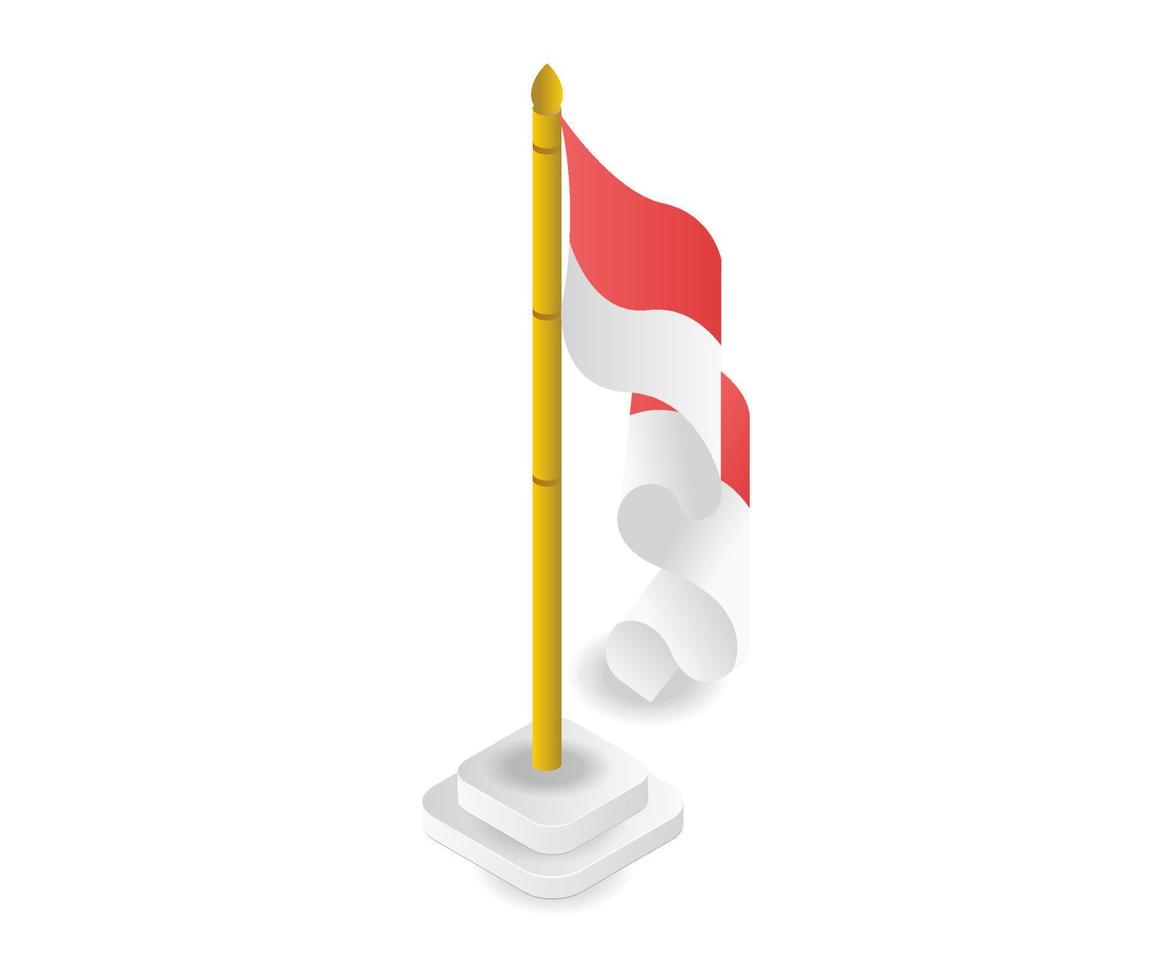 ilustración isométrica de la bandera independiente roja y blanca de indonesia vector