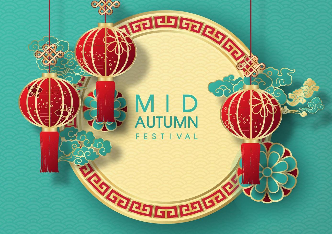 tarjeta de felicitación y afiche del festival chino de mediados de otoño en 3d y estilo de corte de papel en el patrón de onda chino y fondo verde. vector