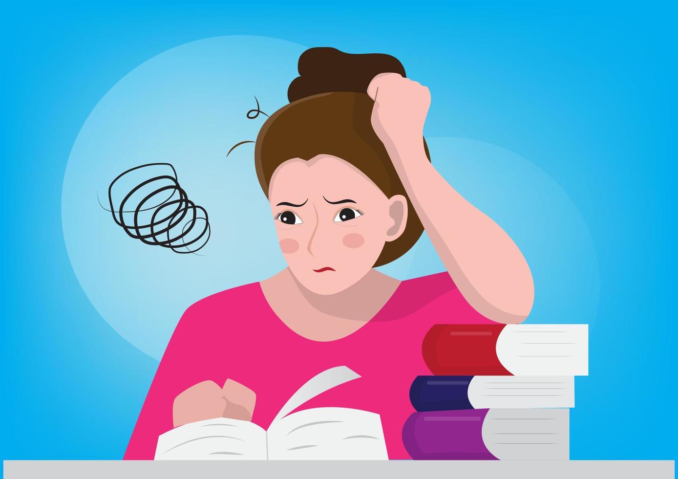 mujer sentada en la mesa estaba confundida leyendo libros para prepararse para los exámenes de mal humor. ilustración vectorial vector