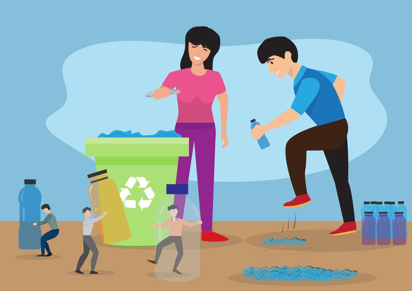 A young male volunteer helped bring a used bottle to a giant who flattened the bottle to reduce the space it needs to be placed in the recycling bin for reuse. vector