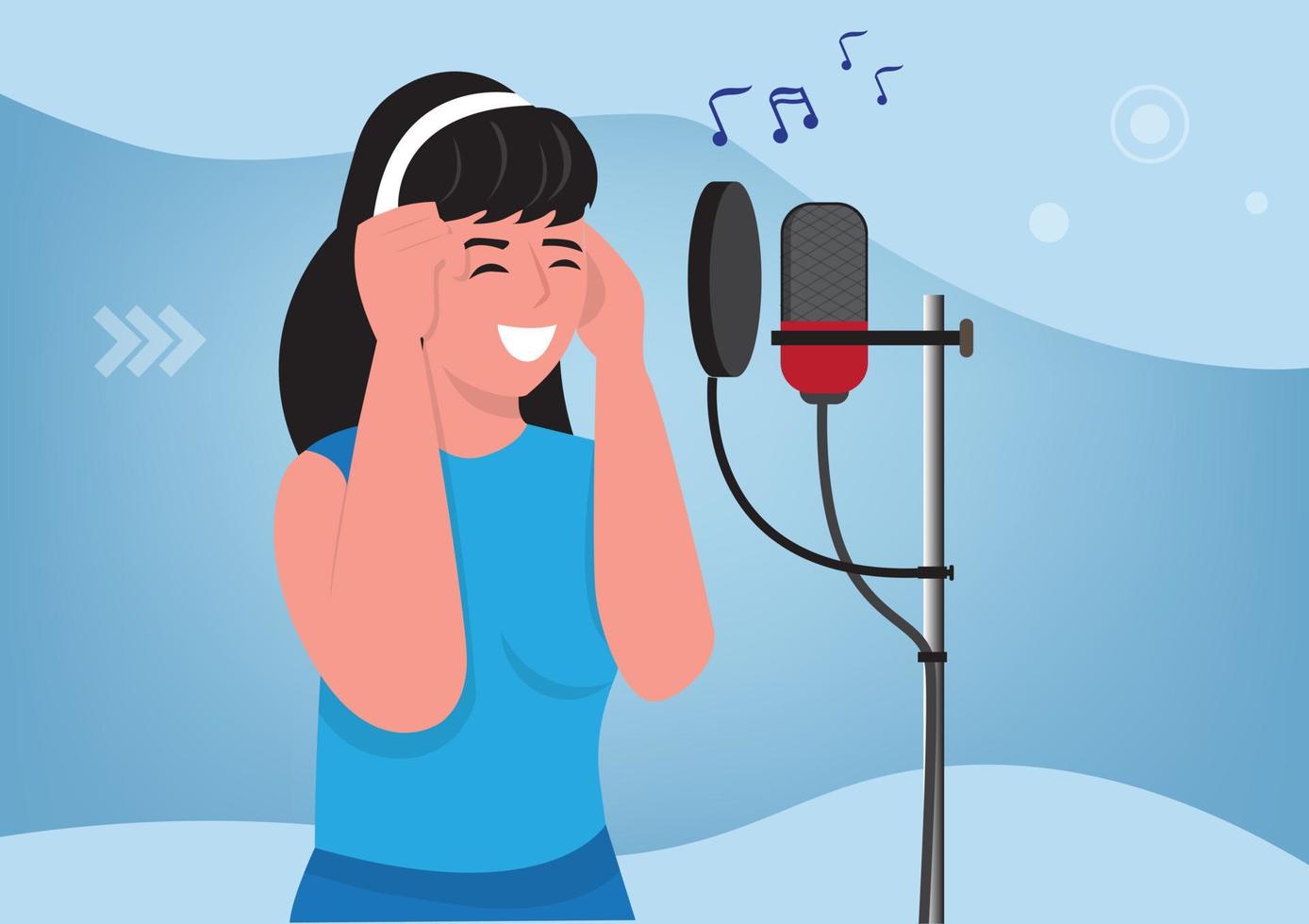 chica cantando a través del micrófono graba una canción en un estudio de sonido. Locutor de radio cantante artista diseño ilustración vectorial vector