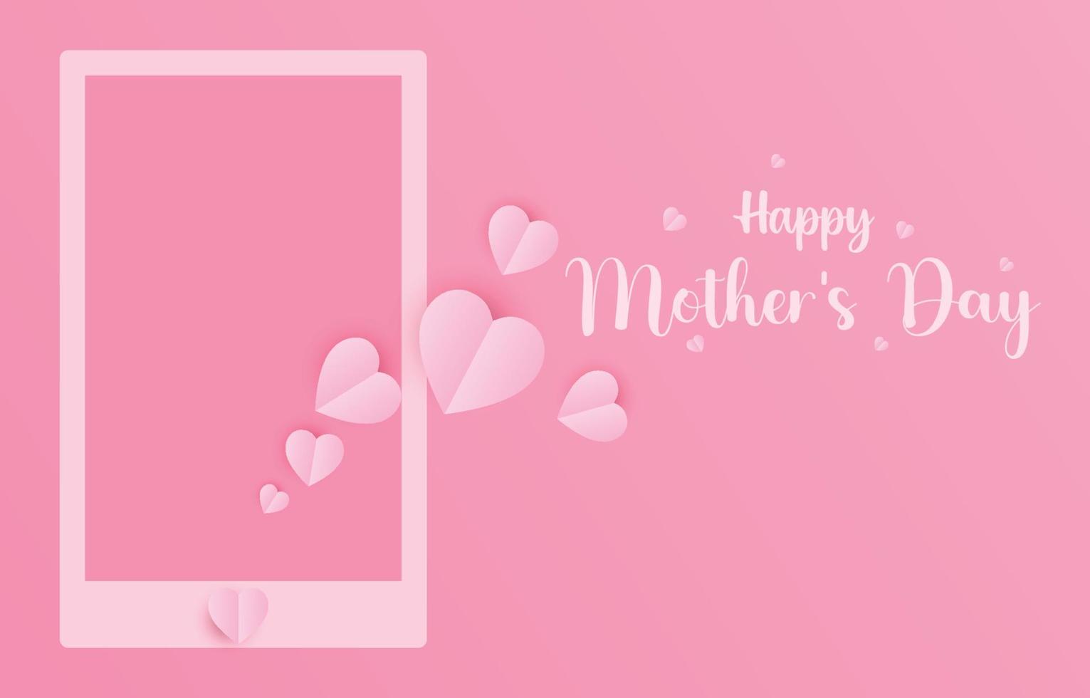 Vector illustration of mobile frame, sending message happy mother's day, decorated with light pink paper cut hearts, social media concept.