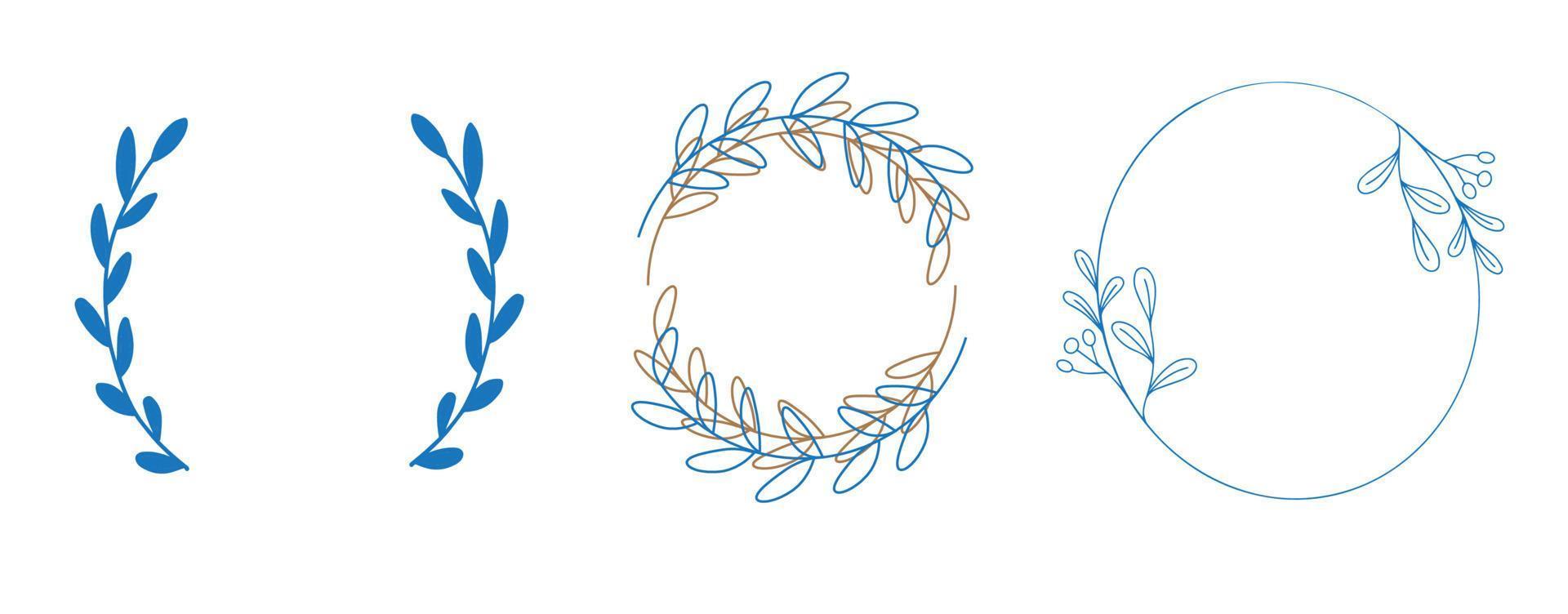 Hand drawn leaf circle frame. Round line border with leaves and flowers for wedding invitation, cards, logo design and posters template. Vector isolated minimal style.