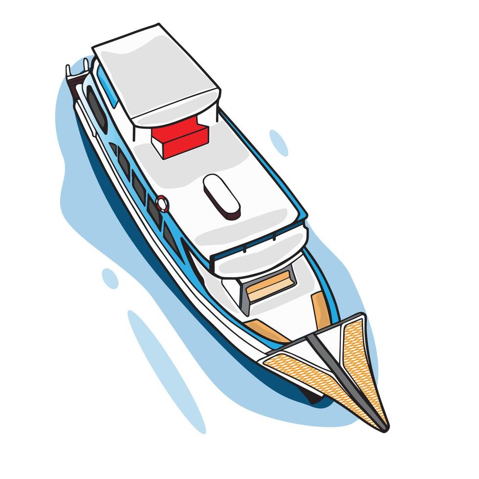 Color vector illustrator of cruise yacht or vessel in the sea, top view. Concept of yachting.