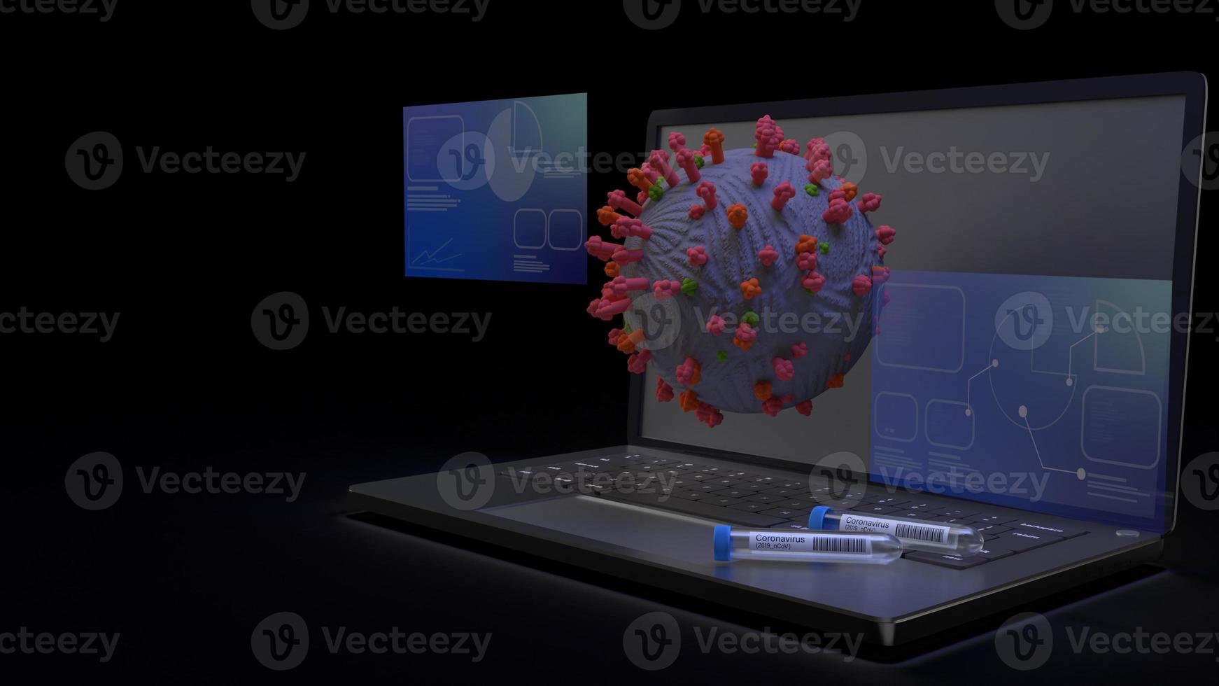 corona virus and  science tube on notebook 3d rendering for medical content. photo