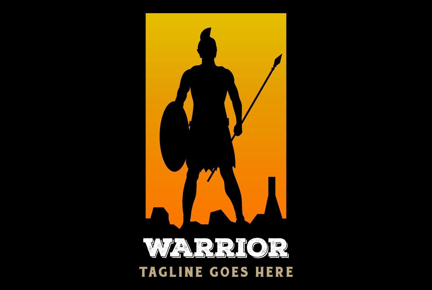 Silhouette of Spartan Knight Soldier, Greek Warrior standing with the spear on top cliff after a war battle vector