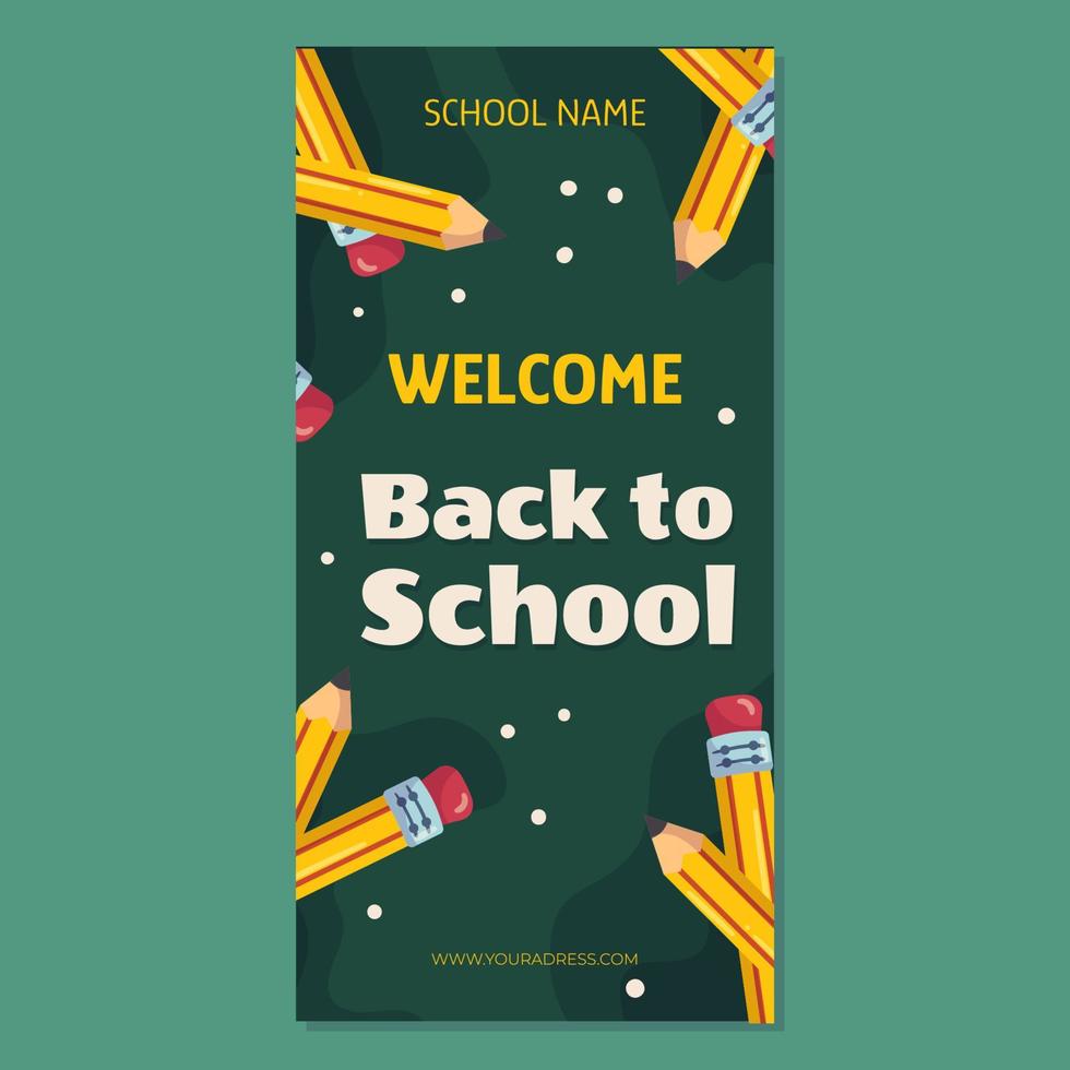 Plantilla de banner vertical de regreso a la escuela con lápiz amarillo clásico con borrador. los lápices están dispuestos en círculo contra una pizarra escolar verde. vector