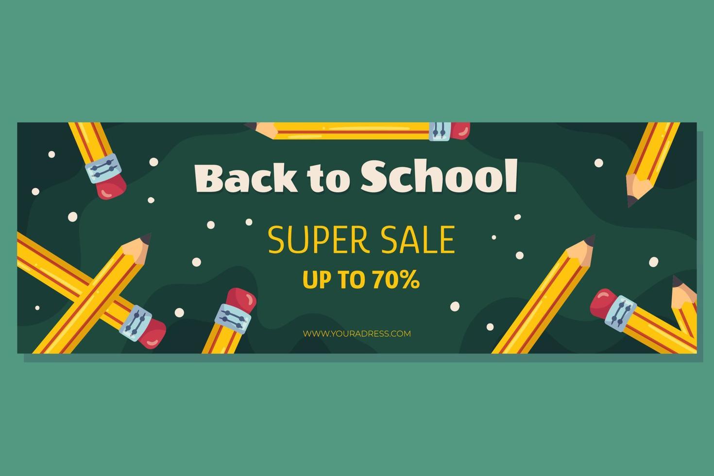 Back to school horizontal banner template for sale with classic yellow pencil with eraser on it. The pencils are arranged in a circle against a green school chalkboard. vector