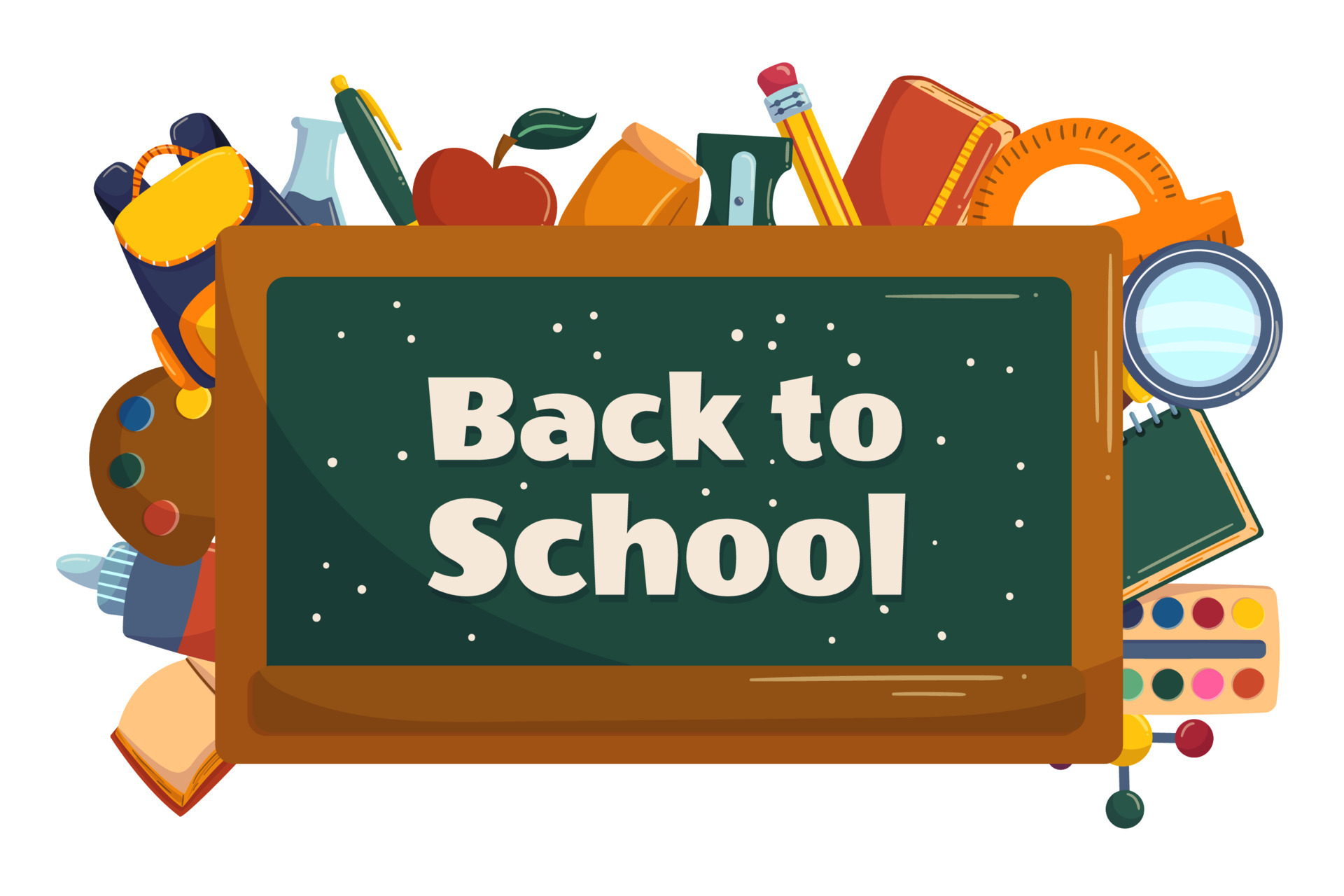 Colorful back to school background with classroom chalkboard and