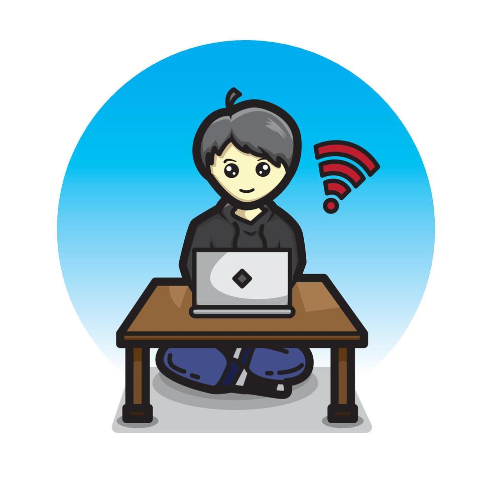 Cartoon cute boy operating laptop vector