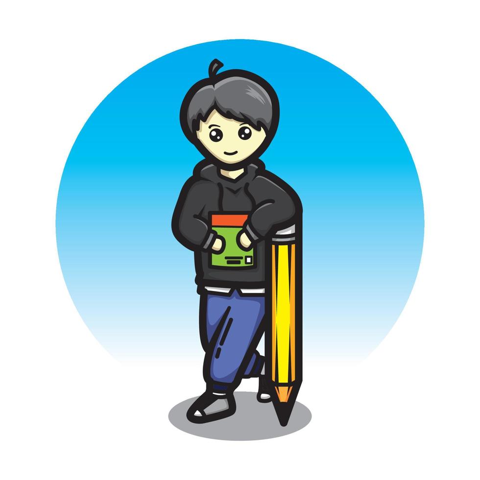 Cartoon cute boy reading a book while leaning on a large pencil vector