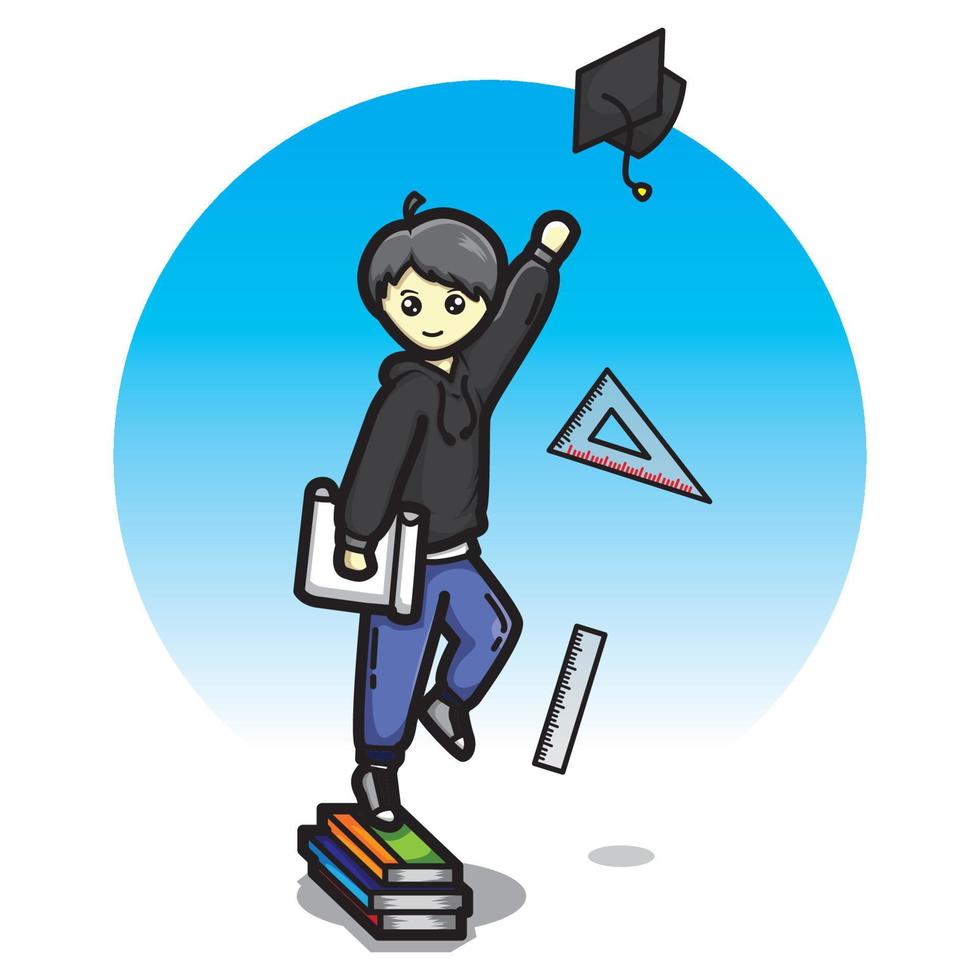 Cartoon cute boy wants to catch a toga with a pile of books vector