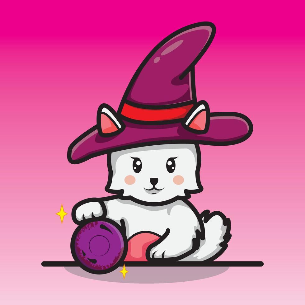 cute witch cat is divining with magic ball vector