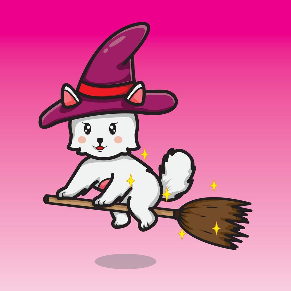 cute witch cat flying with magic broom vector