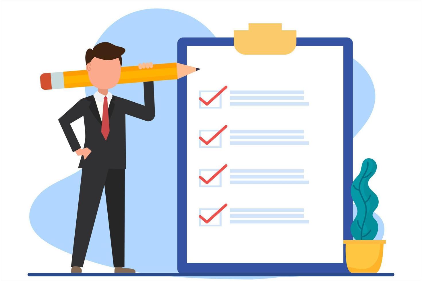 standing beside giant check list and holding pencil Concept goal  and task  effective daily planning and time management..  vector illustration