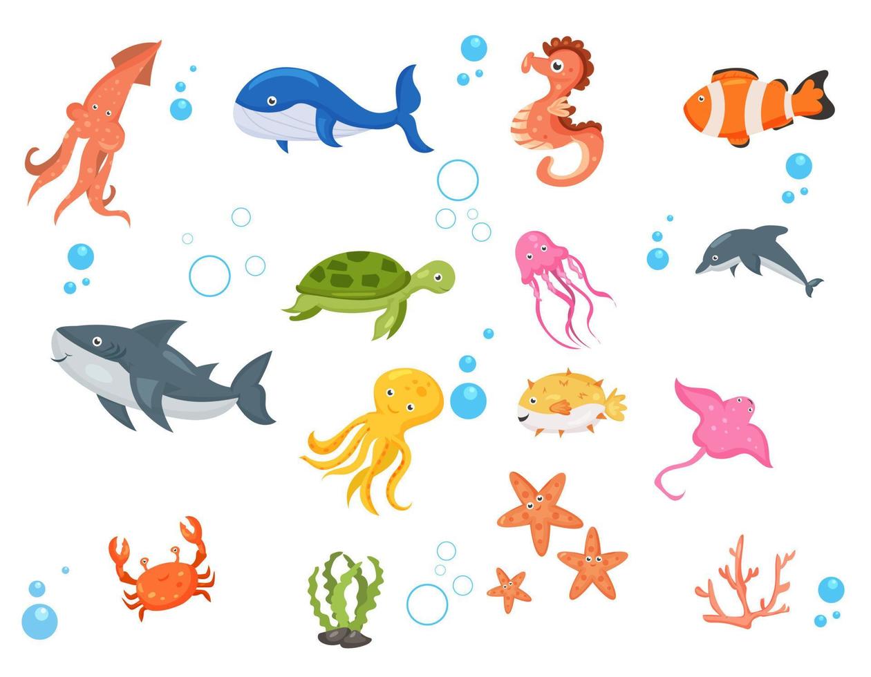 Fish and wild marine animals are isolated on white background. of the sea world, cute, funny underwater vector