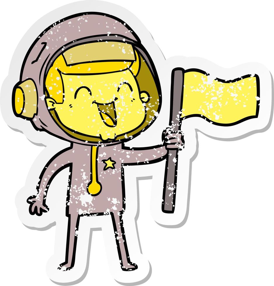 distressed sticker of a happy cartoon astronaut vector