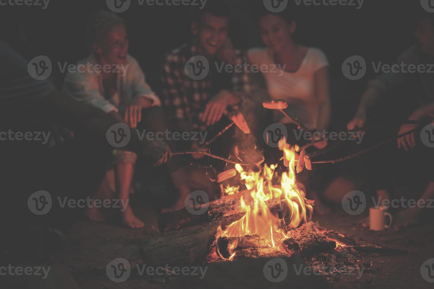 young friends relaxing around campfire photo