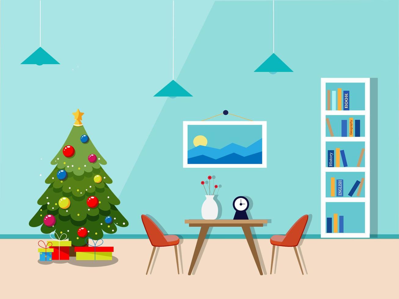 Christmas tree and gifts in the interior of the room. Living room interior. Vase, bookshelf, books, clock, painting, table and chairs. Flat style, vector illustration design template.