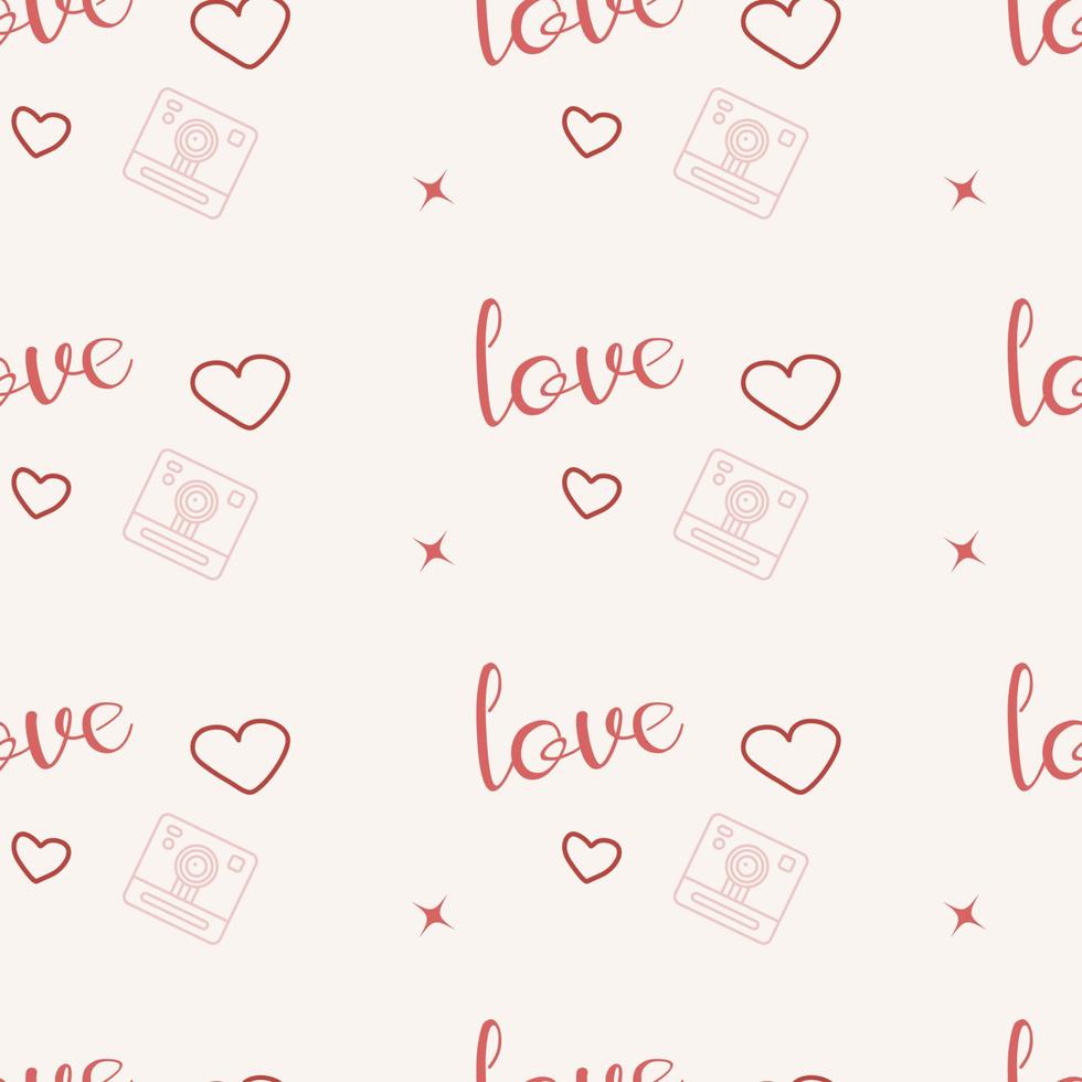 Romantic seamless pattern. Love concept background. Vector seamless pattern with LOVE lettering, camera and hearts.