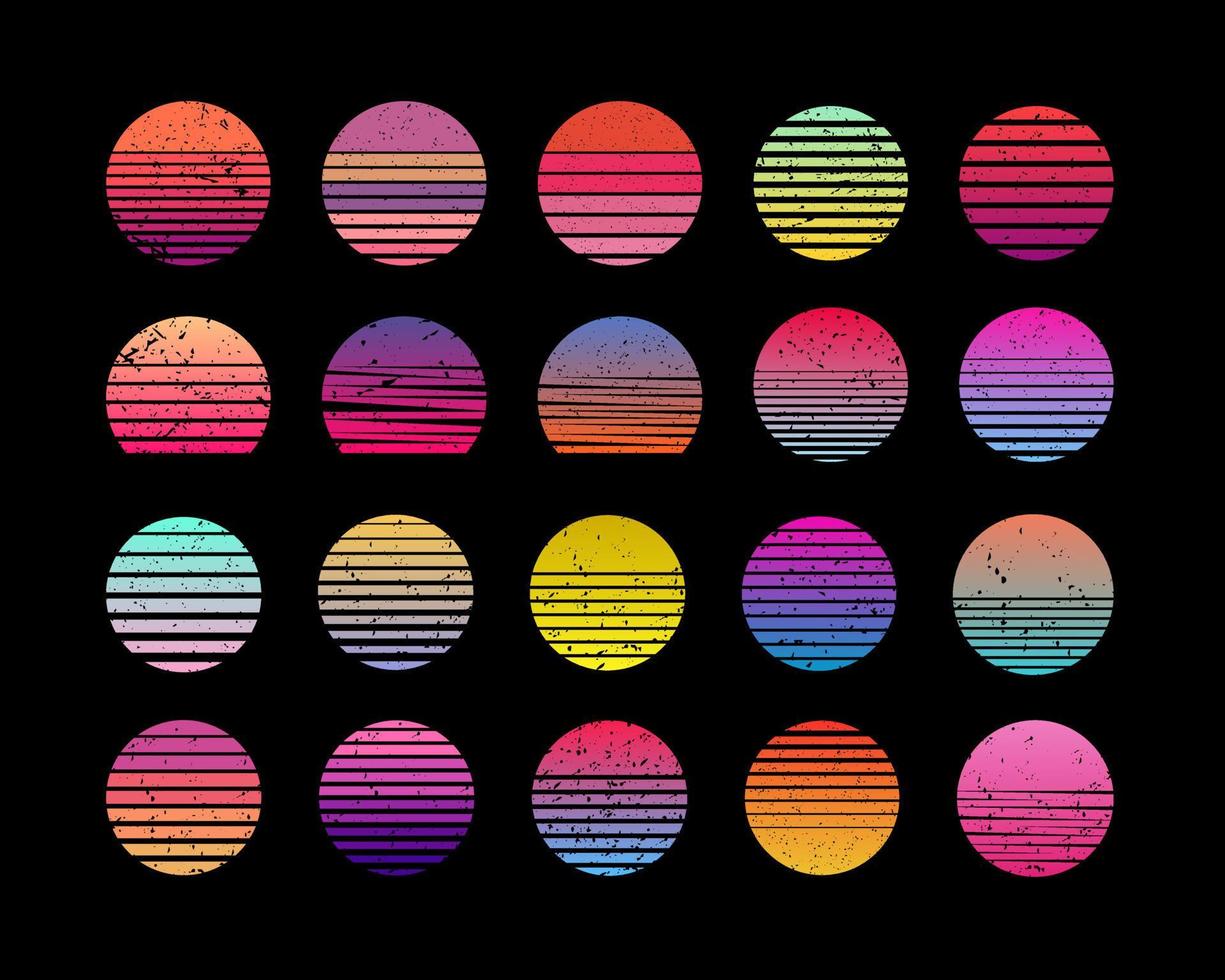 colección vintage de puesta de sol al estilo de los años 70 y 80. conjunto de puesta de sol retro regular y angustiado. cinco opciones con versiones texturizadas. fondo degradado circular. elemento de diseño de camiseta. vector