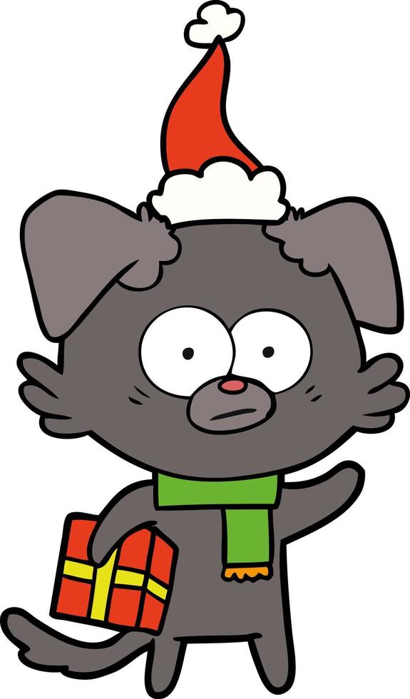 nervous dog line drawing of a with gift wearing santa hat vector