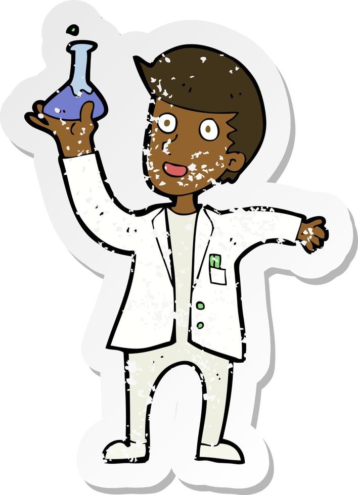 retro distressed sticker of a cartoon happy scientist vector