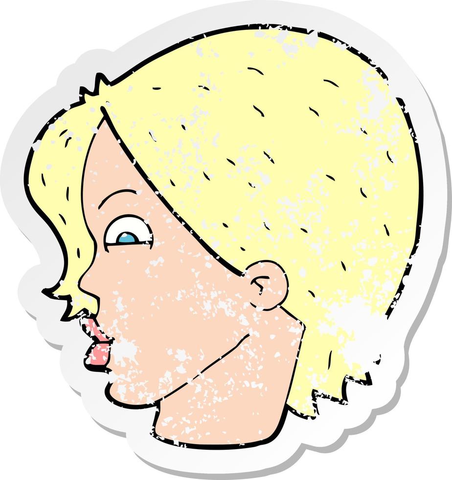 retro distressed sticker of a cartoon female face vector