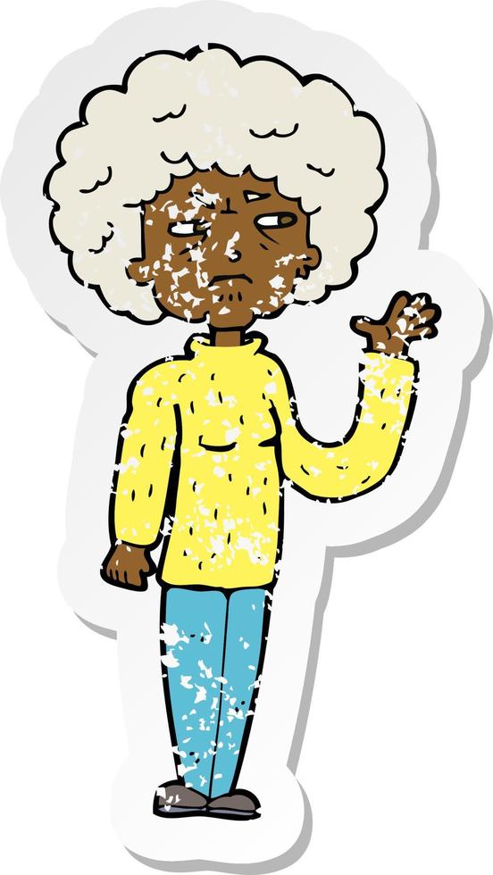 retro distressed sticker of a cartoon annoyed old woman waving vector