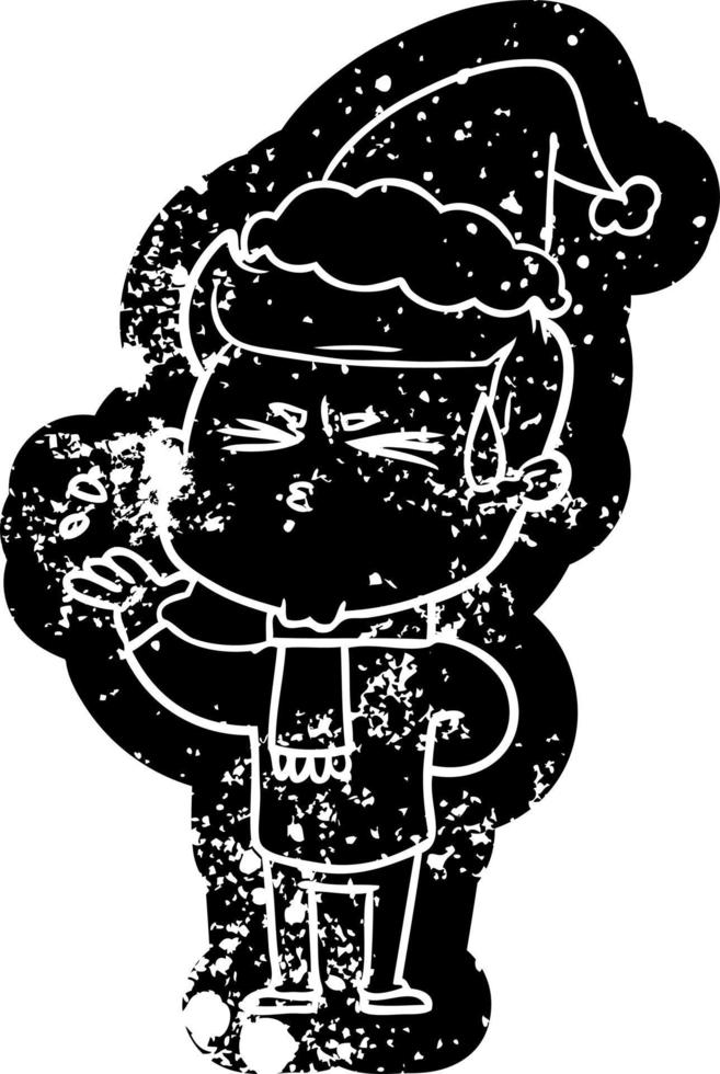 cartoon distressed icon of a man sweating wearing santa hat vector