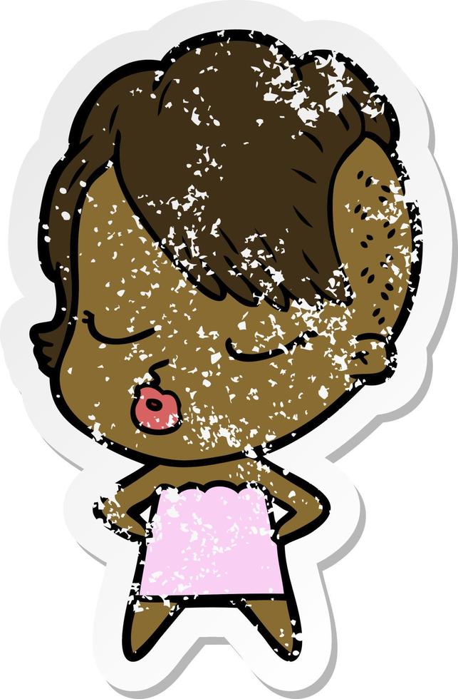 distressed sticker of a cartoon pretty hipster girl vector