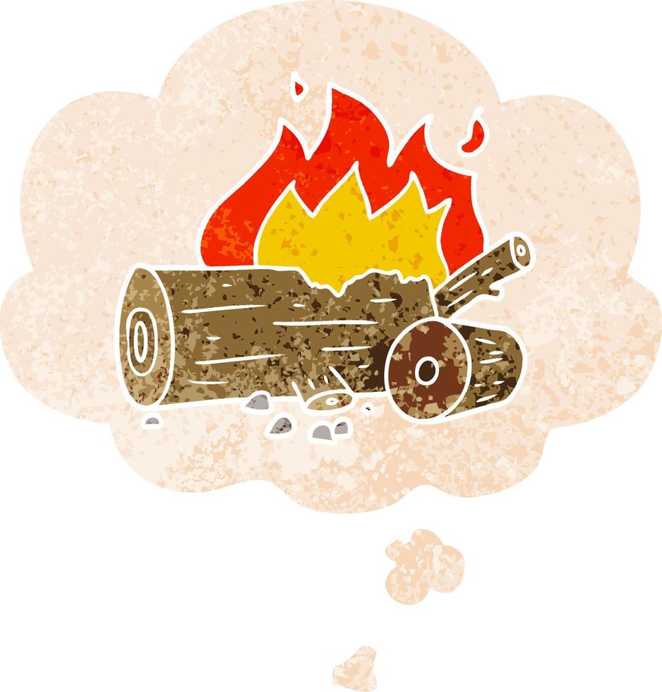 cartoon camp fire and thought bubble in retro textured style vector