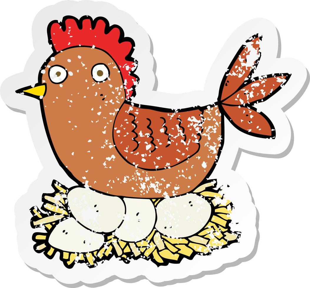 pegatina retro angustiada de una caricatura de gallina en huevos vector