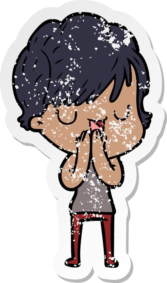 distressed sticker of a cartoon woman talking vector