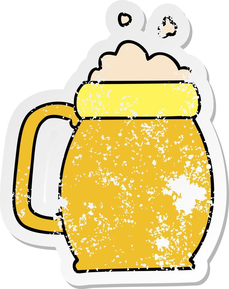 distressed sticker of a quirky hand drawn cartoon pint of beer vector