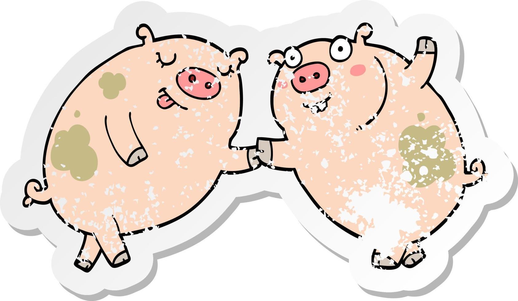 distressed sticker of a cartoon pigs dancing vector