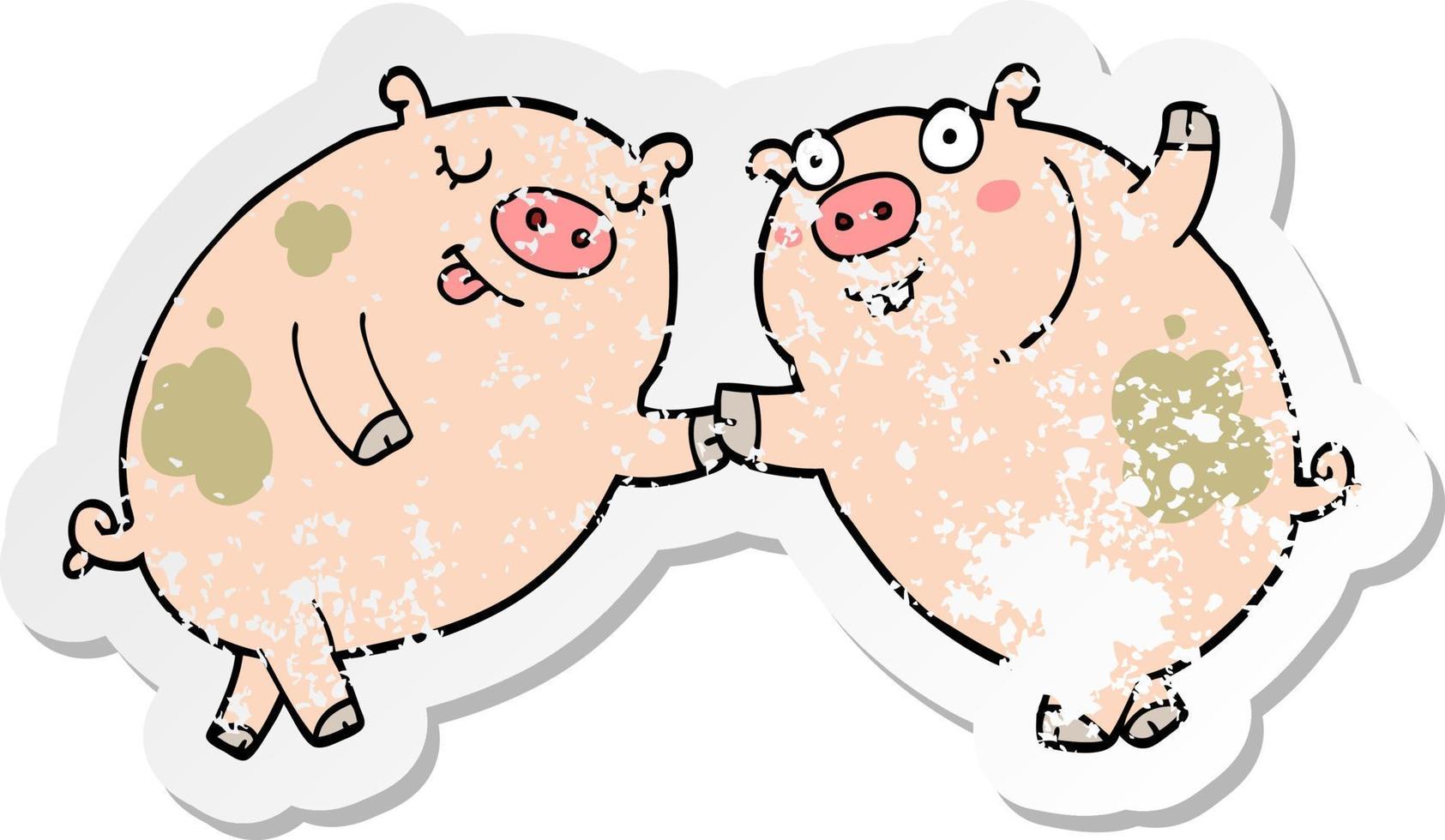 distressed sticker of a cartoon pigs dancing vector