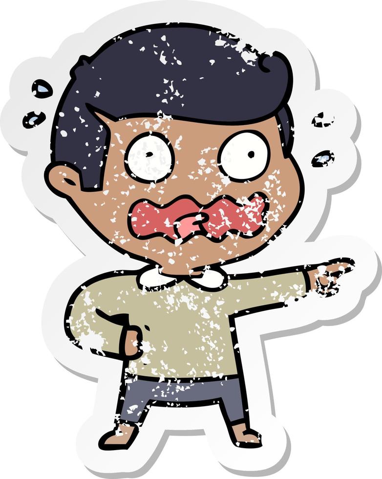 distressed sticker of a cartoon stressed out pointing vector