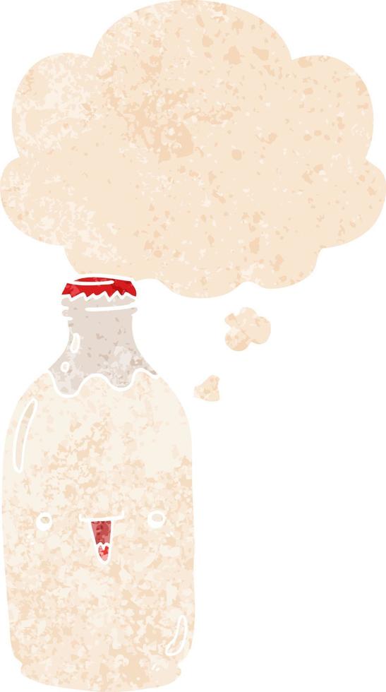 cute cartoon milk bottle and thought bubble in retro textured style vector