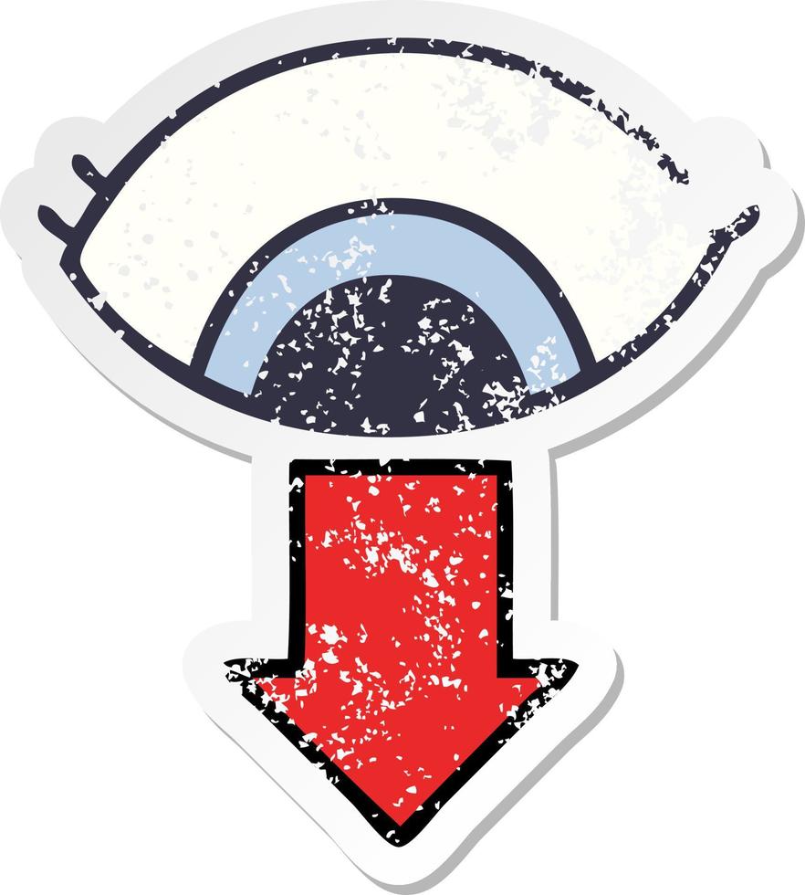 distressed sticker of a cute cartoon eye pointing down vector