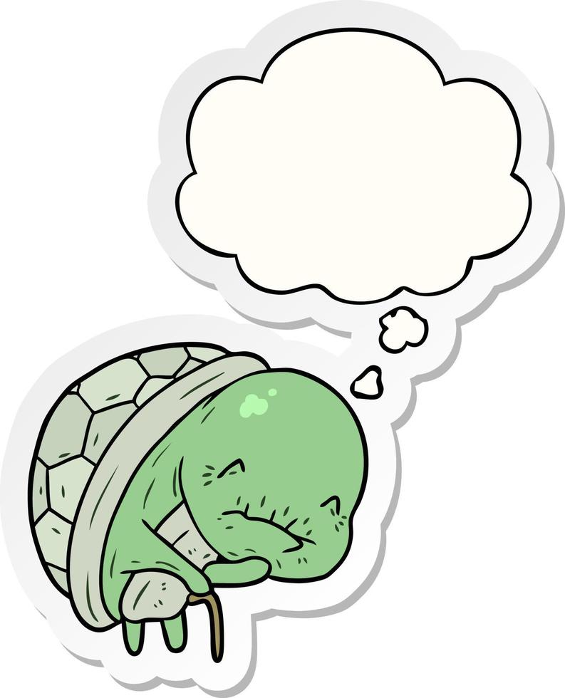 cute cartoon old turtle and thought bubble as a printed sticker vector