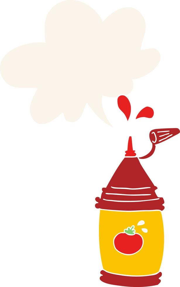 cartoon ketchup bottle and speech bubble in retro style vector