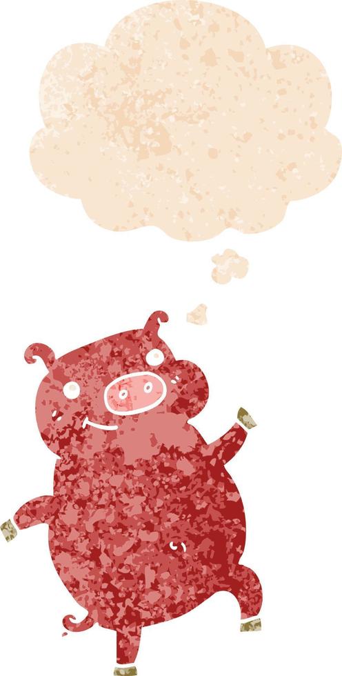 cartoon dancing pig and thought bubble in retro textured style vector